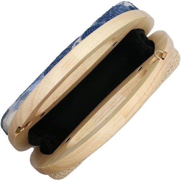 Blue Straw Clutch Handbag for Women, Woven Summer Evening Party Bag with Removab - Picture 6 of 6